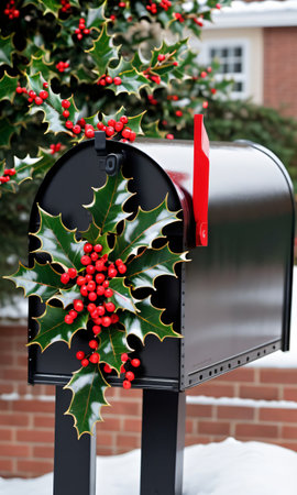 Photo Of Christmas Holly Branches Decorating A Mailbox. Generative AIの素材
