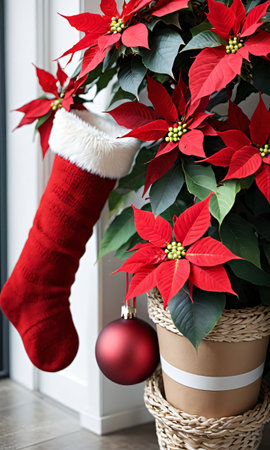 Photo Of Christmas Stockings Hanging Near A Poinsettia Plant. Generative AIの素材