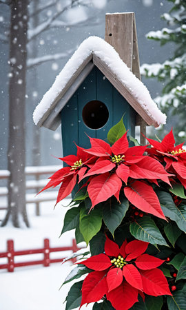 Photo Of Christmas Poinsettia Plant Beside A Snow-Covered Birdhouse. Generative AIの素材