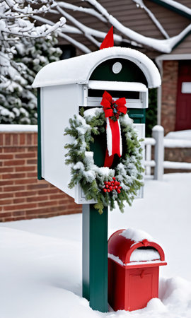 Photo Of Christmas Snow-Covered Mailbox With A Wreath On Top. Generative AIの素材