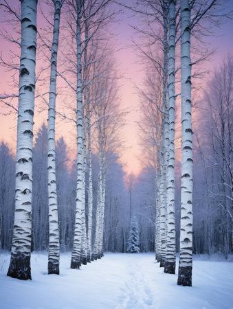 Photo Of Christmas Snowy Birch Trees At Twilight. Generative AIの素材