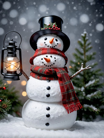 Photo Of Christmas Snowman Holding A Lantern. Generative AIの素材