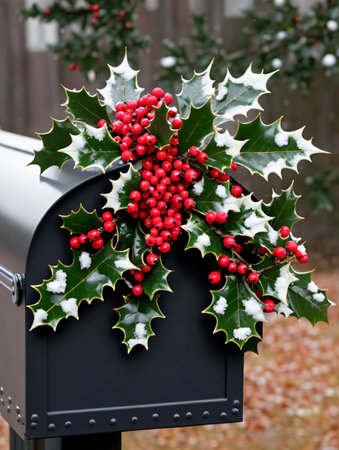 Photo Of Christmas Holly Branches Decorating A Mailbox. Generative AIの素材