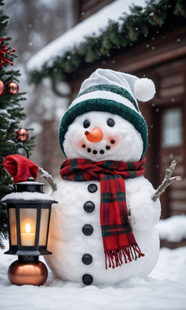 Photo Of Christmas Snowman Holding A Lantern. Generative AIの素材