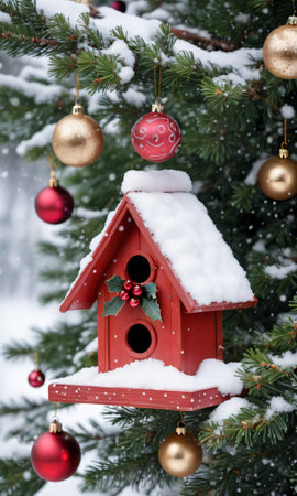 Photo Of Christmas Snow-Covered Birdhouse On A Pine Tree Decorated With Baubles. Generative AIの素材