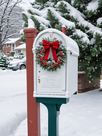 Photo Of Christmas Snow-Covered Mailbox With A Wreath On Top. Generative AIの素材
