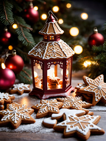 Photo Of Christmas Lantern Illuminating A Path Of Gingerbread Cookies. Generative AIの素材