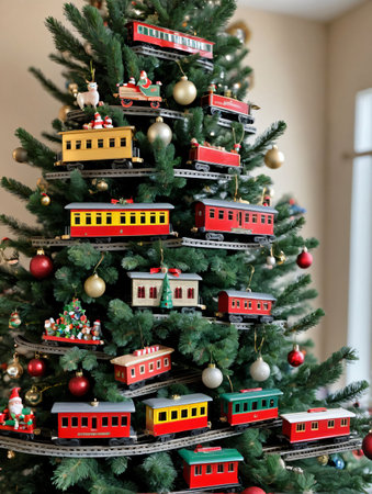 Photo Of Christmas Pine Tree Adorned With Toy Trains. Generative AIの素材