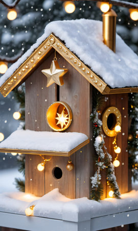 Photo Of Christmas Snow-Covered Birdhouse With Fairy Lights And A Golden Star On Top. Generative AIの素材