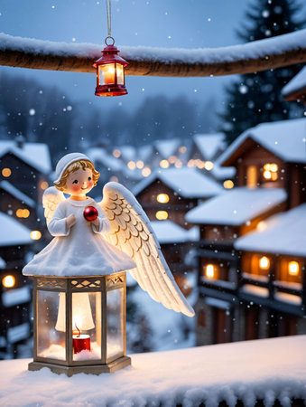 Photo Of Christmas Angel Ornament Overlooking A Snowy Village With A Lit Lantern. Generative AIの素材