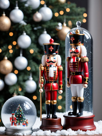 Photo Of Christmas Nutcracker Standing Next To A Snow Globe. Generative AIの素材