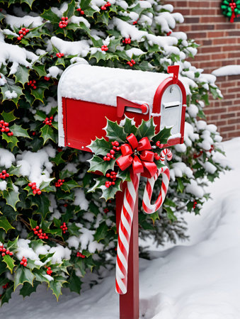 Photo Of Christmas Snow-Covered Mailbox Filled With Candy Canes And Holly Leaves. Generative AIの素材