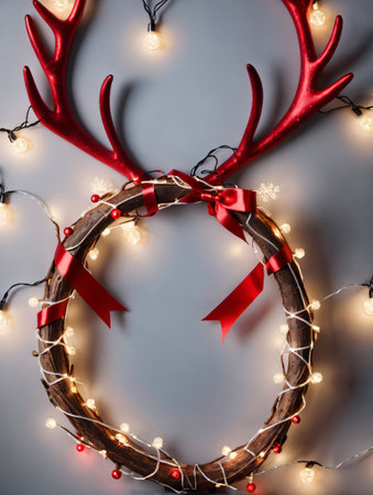 Photo Of Christmas Reindeer Antlers Wrapped With Fairy Lights And Red Ribbons. Generative AIの素材