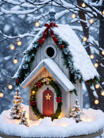 Photo Of Christmas Snow-Covered Birdhouse With Fairy Lights And A Wreath On Top. Generative AIの素材
