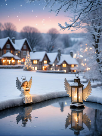Photo Of Christmas Angel Ornament Overlooking A Snowy Village With A Lit Lantern, All Reflected In A Serene Frozen Pond. Generative AIの素材