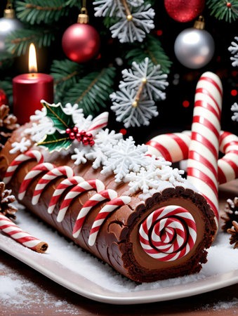 Photo Of Christmas Candy Canes Decorating A Yule Log With Snowflakes On Top, Set In A Festive Bakery. Generative AIの素材