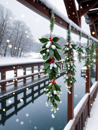 Photo Of Christmas Mistletoe Hanging From A Snowy Bridge Adorned With Fairy Lights, With A Backdrop Of A Serene Winter Lake. Generative AIの素材