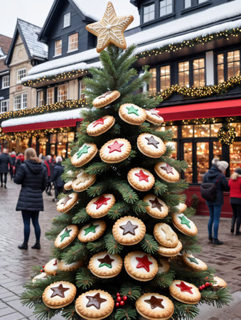 Photo Of Christmas Pine Tree Adorned With Mince Pies, Tinsel, And Star-Shaped Cookies In A Festive Town Square. Generative AIの素材