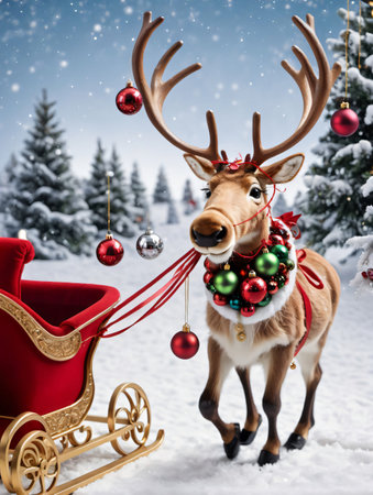 Photo Of Christmas Reindeer Pulling A Sleigh Of Ornaments. Generative AIの素材