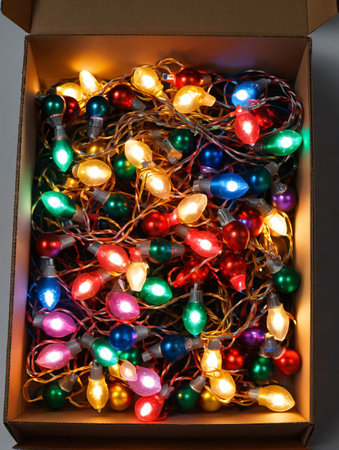 Photo Of Christmas Tangled Christmas Lights In A Box. Generative AIの素材