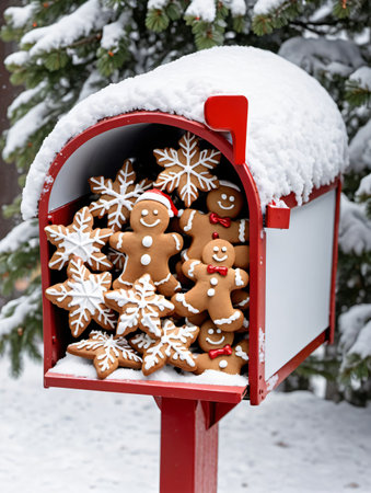 Photo Of Christmas Snow-Covered Mailbox Filled With Gingerbread Cookies. Generative AIの素材
