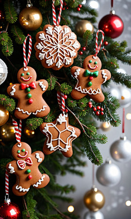 Photo Of Christmas Gingerbread Cookies Hanging From A Tree Adorned With Mistletoe And Lanterns. Generative AIの素材