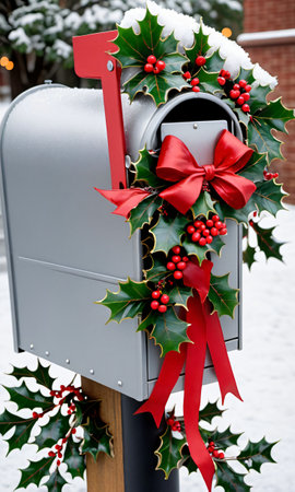 Photo Of Christmas Snowflakes Adorning A Mailbox Filled With Holly Leaves And Ribbons. Generative AIの素材