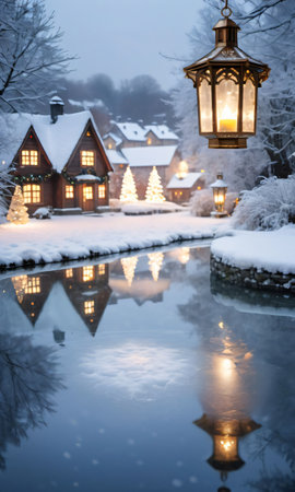 Photo Of Christmas Angel Ornament Overlooking A Snowy Village With A Lit Lantern, All Reflected In A Serene Frozen Pond. Generative AIの素材