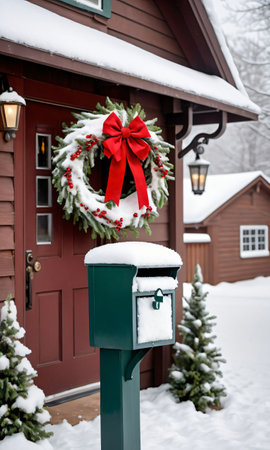 Photo Of Christmas Snow-Covered Mailbox With A Wreath On Top And Jingle Bells, Outside A Charming Village Home. Generative AIの素材