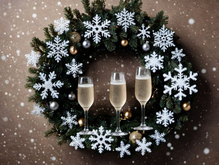 Two Glasses Of Champagne With Snowflakes On A Brown Background. Generative AIの素材