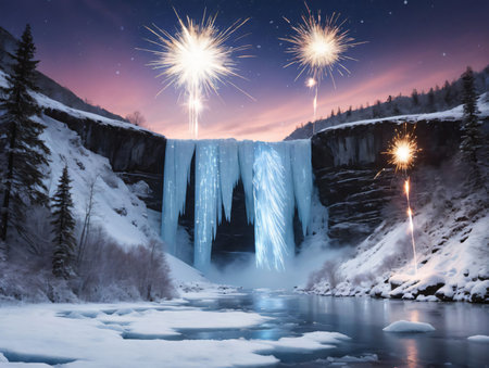 A Frozen Waterfall With A Waterfall In The Background. Generative AIの素材
