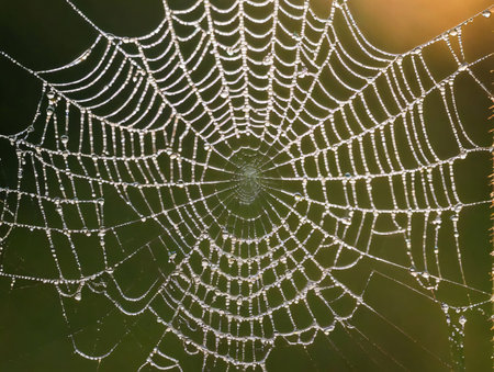A Spider Web With Water Droplets On It. Generative AIの素材
