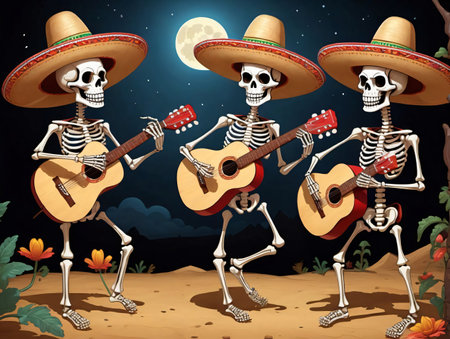 Two Skeletons Playing Guitar And Singing In The Desert. Generative AIの素材