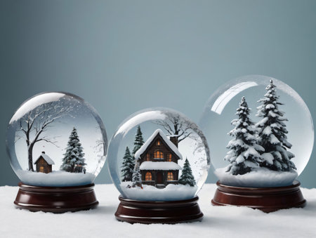 Three Snow Globes With A House In The Middle. Generative AIの素材