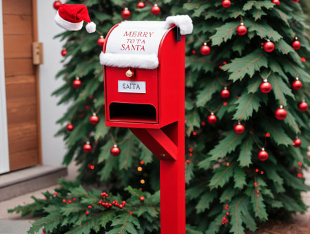 A Red Mailbox With A Santa Hat On It. Generative AIの素材