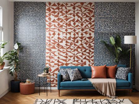 A Living Room With A Couch And A Wall Mural. Generative AIの素材