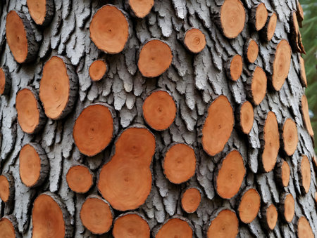 A Close Up Of A Tree Trunk With Many Cut Pieces Of Wood. Generative AIの素材