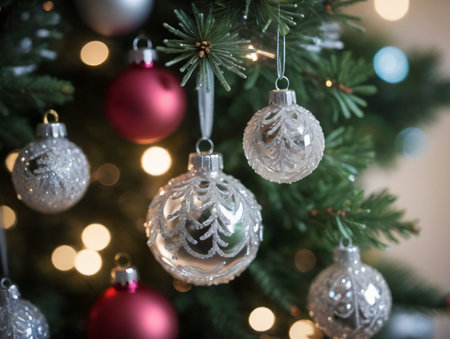 A Christmas Tree With Ornaments Hanging From It. Generative AIの素材