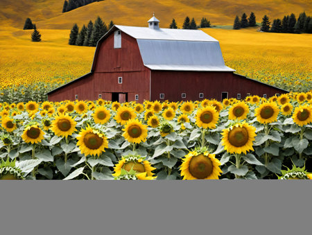 A Red Barn Surrounded By Sunflowers. Generative AIの素材