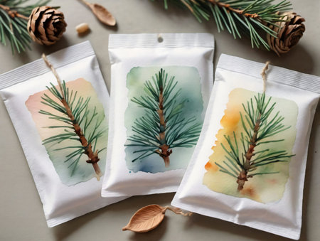 Three Watercolor Paintings Of Pine Trees On White Paper. Generative AIの素材