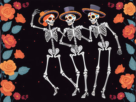 Two Skeletons In A Floral Frame. Generative AIの素材