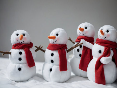 Three Snowmen In Red Scarfs And Scarfs. Generative AIの素材