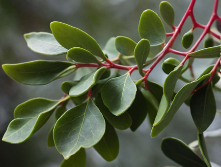 A Close Up Of A Green Leaf With Red Stems. Generative AIの素材