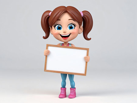3D Cartoon Girl Holding A Blank Sign. Generative AIの素材