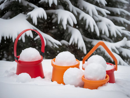 A Couple Of Buckets Sitting In The Snow. Generative AIの素材