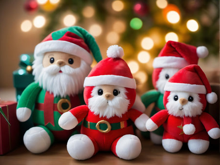 A Group Of Stuffed Santas Sitting Next To A Christmas Tree. Generative AIの素材