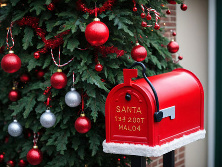 A Red Mailbox With A Christmas Tree In The Background. Generative AIの素材