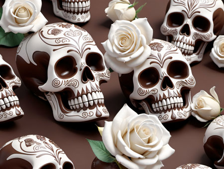 A Bunch Of Chocolate Covered Skulls With White Roses. Generative AIの素材