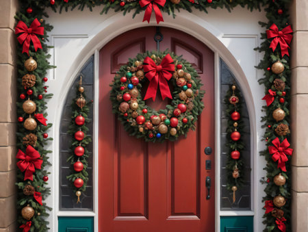 A Red Door With A Wreath And Christmas Decorations. Generative AIの素材