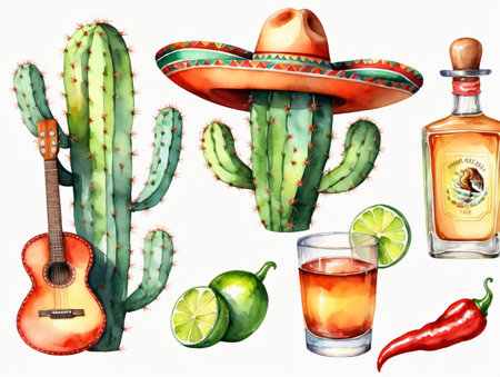 A Watercolor Painting Of A Cactus, A Bottle Of Tequila And A Bottle Of Tequila. Generative AIの素材